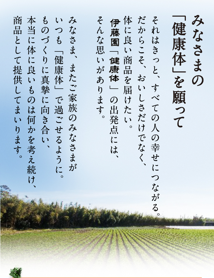 みなさまの「健康体」を願って それはきっと、すべての人の幸せにつながる。だからこそ、おいしさだけでなく、体に良い商品を届けたい。伊藤園「健康体」の出発点には、そんな思いがあります。みなさま、またご家族のみなさまがいつも「健康体」で過ごせるように。ものづくりに真摯に向き合い、本当に体に良いものは何かを考え続け、商品として提供してまいります。