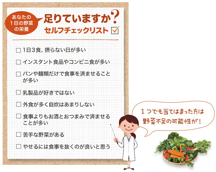 あなたの1日の野菜の栄養 足りてますか? セルフチェックリスト @1日3食、摂らない日が多い Aインスタント食品やコンビニ食が多い Bパンや麺類だけで食事を済ませることが多い C乳製品が好きではない D外食が多く自炊はあまりしない E食事よりもお酒とおつまみで済ませることが多い F苦手な野菜がある Gやせるには食事を抜くのが良いと思う 1つでも当てはまった方は、野菜不足の可能性が!