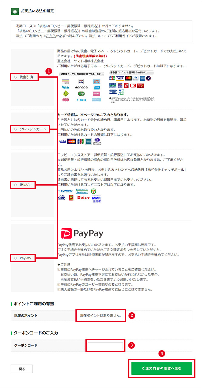 �@「支払い方法選択」ラジオボタン（代金引換／クレジットカード／後払い／PayPay）�A現在のポイント情報�Bクーポンコード�C「ご注文内容の確認へ進む」ボタン